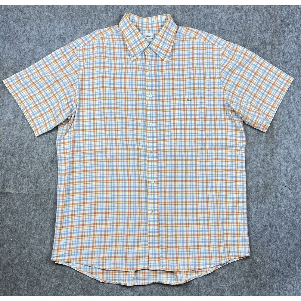 Lacoste Men's Button Down Shirt Short Sleeve Blue Orange Plaid Cotton Size 44
